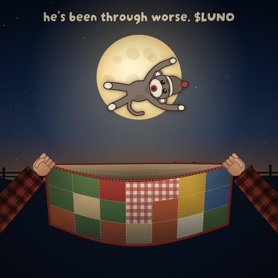 Luno tossed up to the moon on a quilt loop